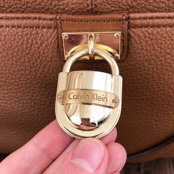 Calvin Klein Pebbled Leather Satchel Bag Dual Handle Exterior Pockets Brown Gold - Picture 8 of 16